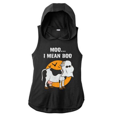 Ghost Cow Moo I Mean Boo Halloween Ladies PosiCharge Tri-Blend Wicking Draft Hoodie Tank