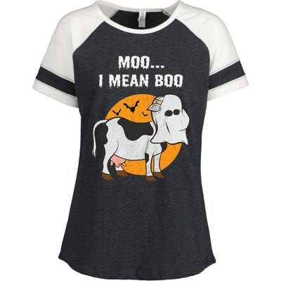 Ghost Cow Moo I Mean Boo Halloween Enza Ladies Jersey Colorblock Tee