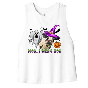 Ghost Cow Moo I Mean Boo Halloween Funny Cow Lover Costume Great Gift Women's Racerback Cropped Tank