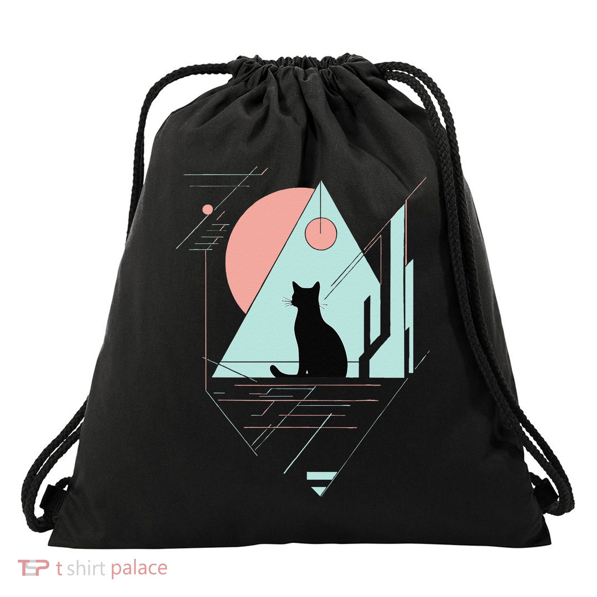 Geometric Cat Modern Minimalist Art Cat Lover Artistic Drawstring Bag