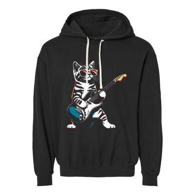 Guitar Cat Novelty Rock Music Band Concert Funny Cat Garment-Dyed Fleece Hoodie