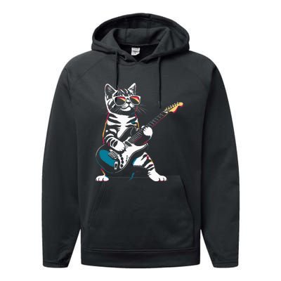 Guitar Cat Novelty Rock Music Band Concert Funny Cat Performance Fleece Hoodie