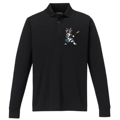 Guitar Cat Novelty Rock Music Band Concert Funny Cat Performance Long Sleeve Polo