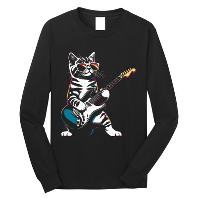 Guitar Cat Novelty Rock Music Band Concert Funny Cat Long Sleeve Shirt