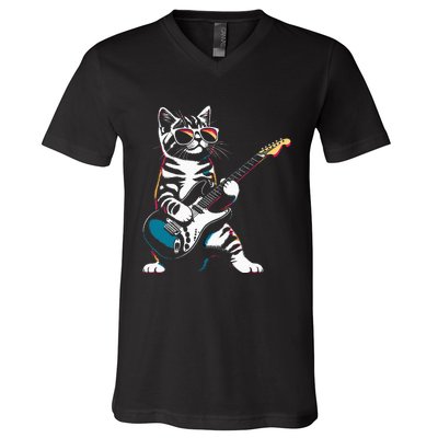 Guitar Cat Novelty Rock Music Band Concert Funny Cat V-Neck T-Shirt