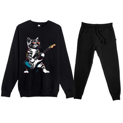 Guitar Cat Novelty Rock Music Band Concert Funny Cat Premium Crewneck Sweatsuit Set