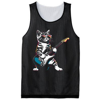 Guitar Cat Novelty Rock Music Band Concert Funny Cat Mesh Reversible Basketball Jersey Tank