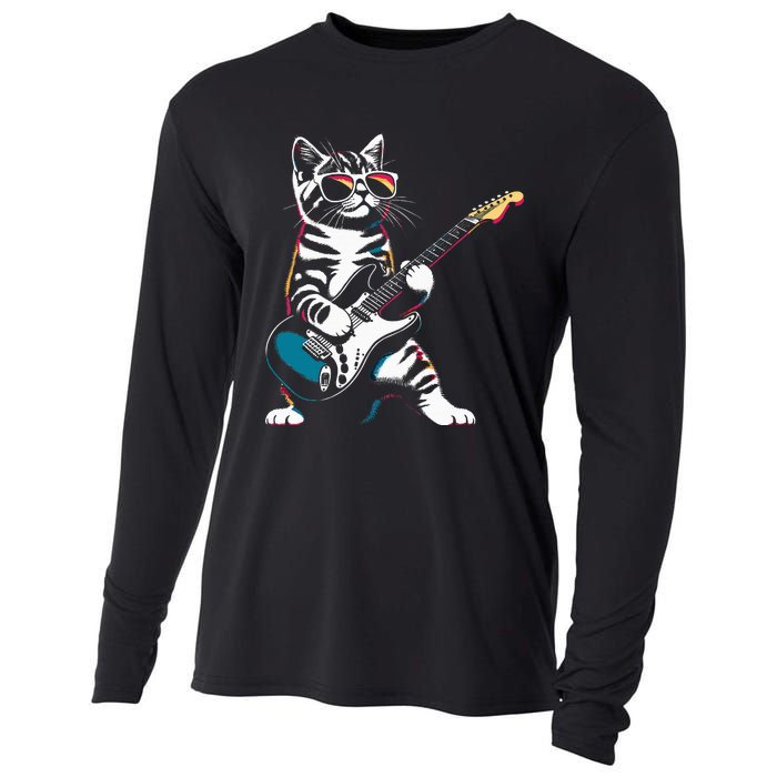 Guitar Cat Novelty Rock Music Band Concert Funny Cat Cooling Performance Long Sleeve Crew