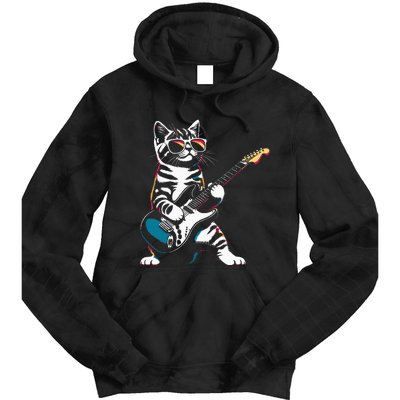 Guitar Cat Novelty Rock Music Band Concert Funny Cat Tie Dye Hoodie