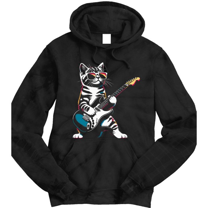 Guitar Cat Novelty Rock Music Band Concert Funny Cat Tie Dye Hoodie