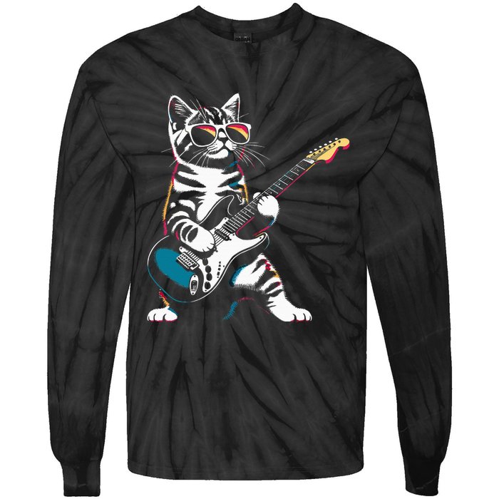 Guitar Cat Novelty Rock Music Band Concert Funny Cat Tie-Dye Long Sleeve Shirt