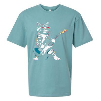 Guitar Cat Novelty Rock Music Band Concert Funny Cat Sueded Cloud Jersey T-Shirt