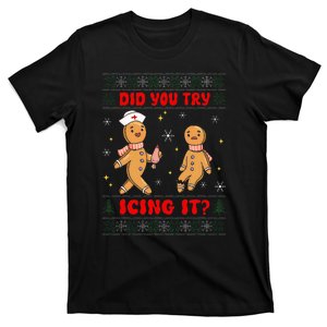 Groovy Christmas Nurse Gingerbread Man Did You Try Icing It  T-Shirt