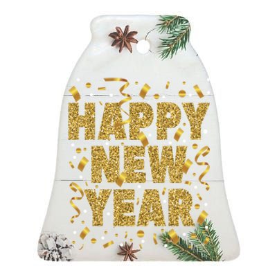 Golden Confetti New YearS Eve Happy New Year Ceramic Bell Ornament