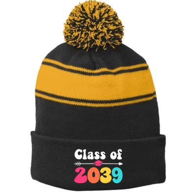 Groovy Class Of 2039 Graduation Senior 2039 Stripe Pom Pom Beanie