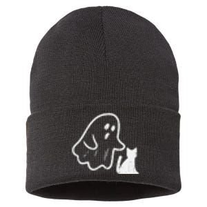 Ghost Cat Pocket Funny Halloween Costume Sustainable Knit Beanie