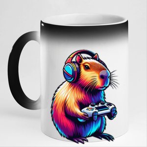 Gaming Capybara Rodent Playing Video Games Gamer Headphones 11oz Black Color Changing Mug