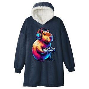 Gaming Capybara Rodent Playing Video Games Gamer Headphones Hooded Wearable Blanket