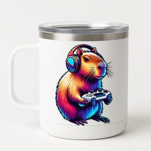 Gaming Capybara Rodent Playing Video Games Gamer Headphones 12 oz Stainless Steel Tumbler Cup