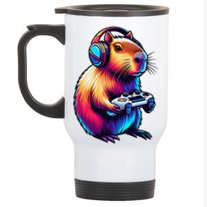 Gaming Capybara Rodent Playing Video Games Gamer Headphones Stainless Steel Travel Mug