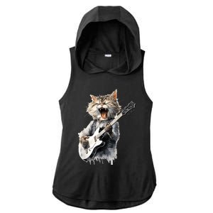 Guitar Cat Rock Cat Playing Guitar Ladies PosiCharge Tri-Blend Wicking Draft Hoodie Tank