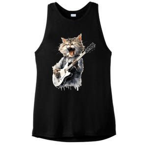 Guitar Cat Rock Cat Playing Guitar Ladies PosiCharge Tri-Blend Wicking Tank