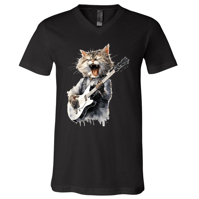 Guitar Cat Rock Cat Playing Guitar V-Neck T-Shirt