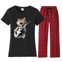 Guitar Cat Rock Cat Playing Guitar Women's Flannel Pajama Set