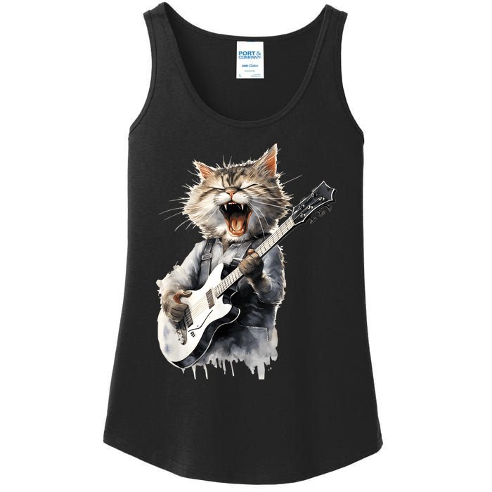 Guitar Cat Rock Cat Playing Guitar Ladies Essential Tank