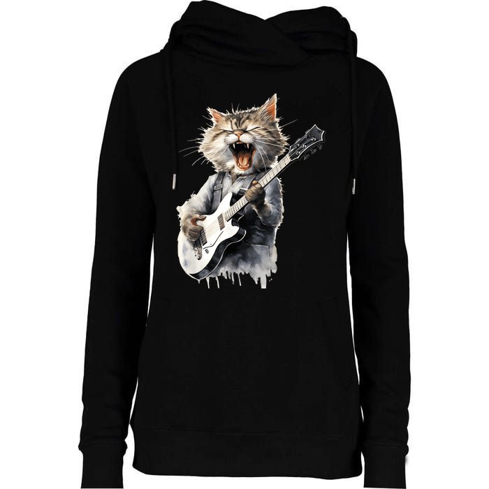 Guitar Cat Rock Cat Playing Guitar Womens Funnel Neck Pullover Hood