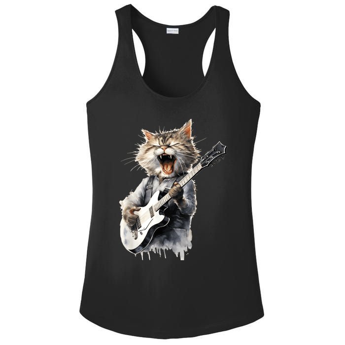 Guitar Cat Rock Cat Playing Guitar Ladies PosiCharge Competitor Racerback Tank