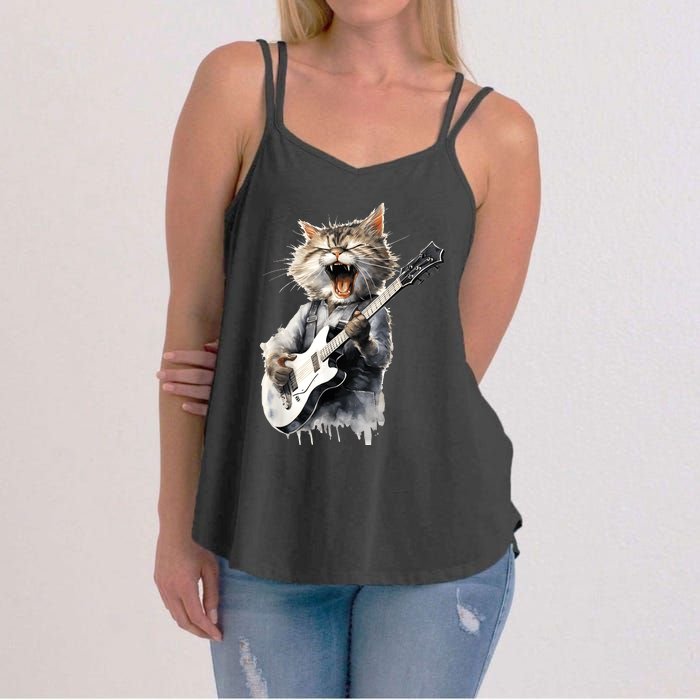 Guitar Cat Rock Cat Playing Guitar Women's Strappy Tank