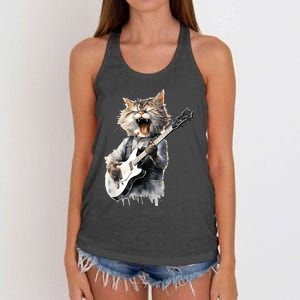 Guitar Cat Rock Cat Playing Guitar Women's Knotted Racerback Tank