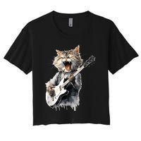 Guitar Cat Rock Cat Playing Guitar Women's Crop Top Tee