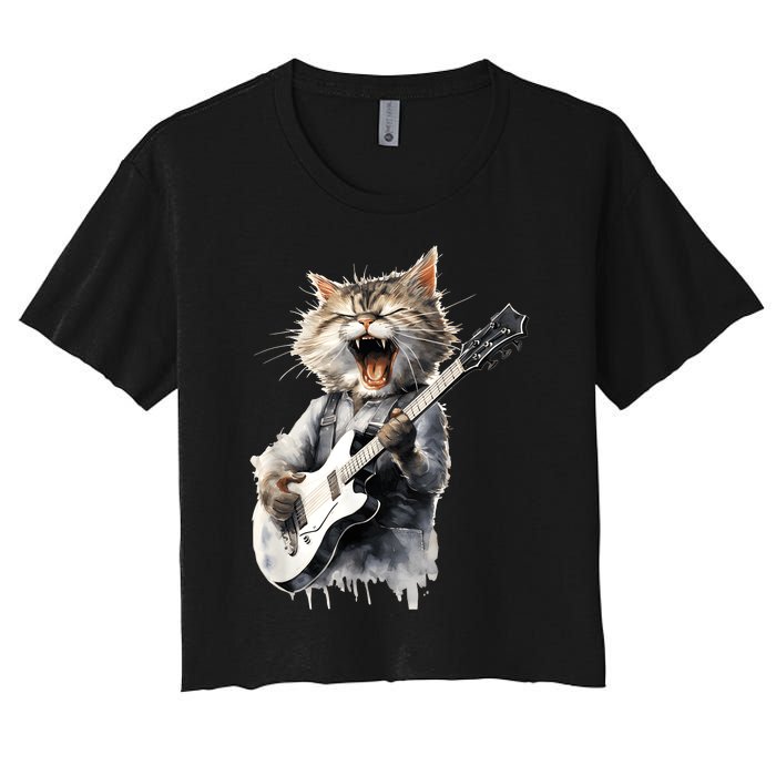 Guitar Cat Rock Cat Playing Guitar Women's Crop Top Tee