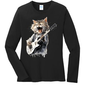 Guitar Cat Rock Cat Playing Guitar Ladies Long Sleeve Shirt