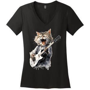 Guitar Cat Rock Cat Playing Guitar Women's V-Neck T-Shirt