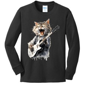 Guitar Cat Rock Cat Playing Guitar Kids Long Sleeve Shirt