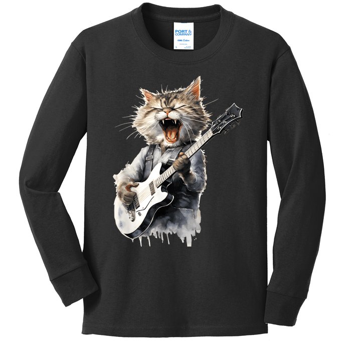 Guitar Cat Rock Cat Playing Guitar Kids Long Sleeve Shirt