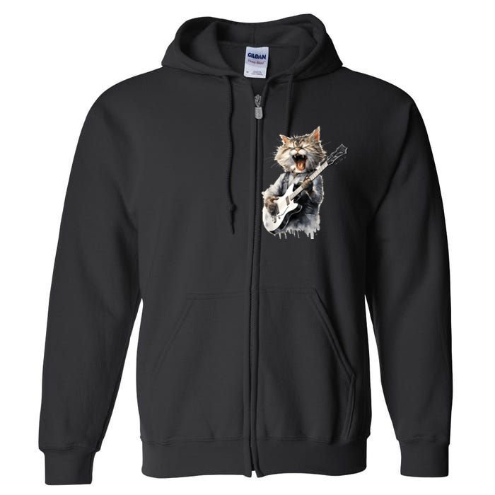 Guitar Cat Rock Cat Playing Guitar Full Zip Hoodie