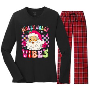 Groovy Cute Santa Claus Christmas Vibes Xmas Women's Long Sleeve Flannel Pajama Set 