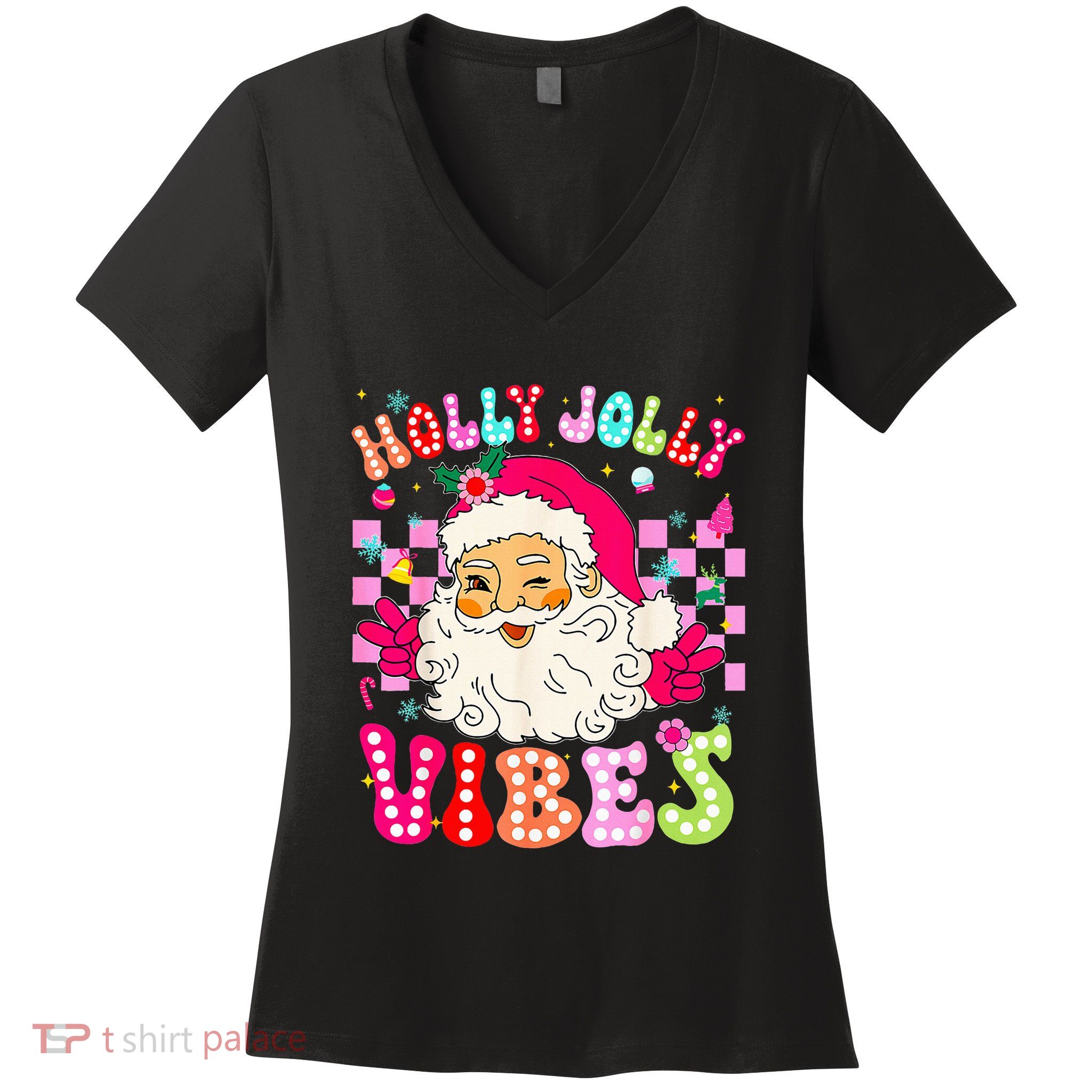 Groovy Cute Santa Claus Christmas Vibes Xmas Women's V-Neck T-Shirt