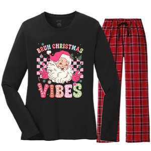 Groovy Cute Santa Claus Bruh Christmas Vibes Xmas Gift Women's Long Sleeve Flannel Pajama Set 