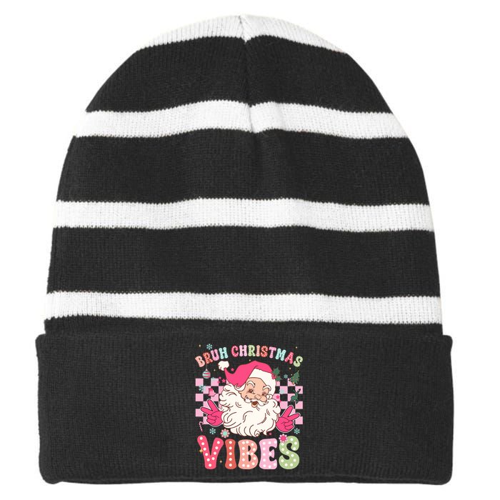 Groovy Cute Santa Claus Bruh Christmas Vibes Xmas Gift Striped Beanie with Solid Band