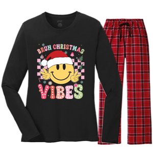 Groovy Cute Santa Claus Bruh Christmas Vibes Xmas Gift Women's Long Sleeve Flannel Pajama Set 