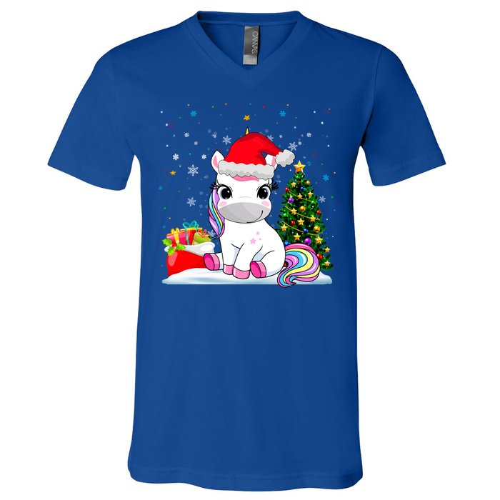 Girls Cute Santa Unicorn Christmas Unicorn Xmas Gift V-Neck T-Shirt