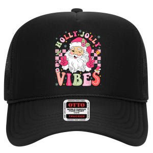 Groovy Cute Santa Claus Christmas Vibes Xmas Women Girl High Crown Mesh Back Trucker Hat