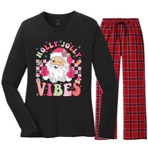 Groovy Cute Santa Claus Christmas Vibes Xmas Women Girl Women's Long Sleeve Flannel Pajama Set 