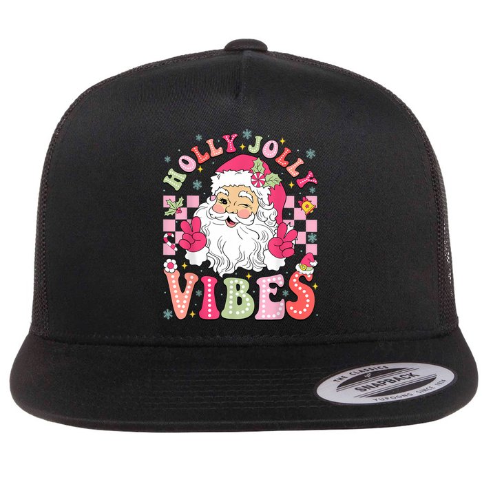 Groovy Cute Santa Claus Christmas Vibes Xmas Women Girl Flat Bill Trucker Hat