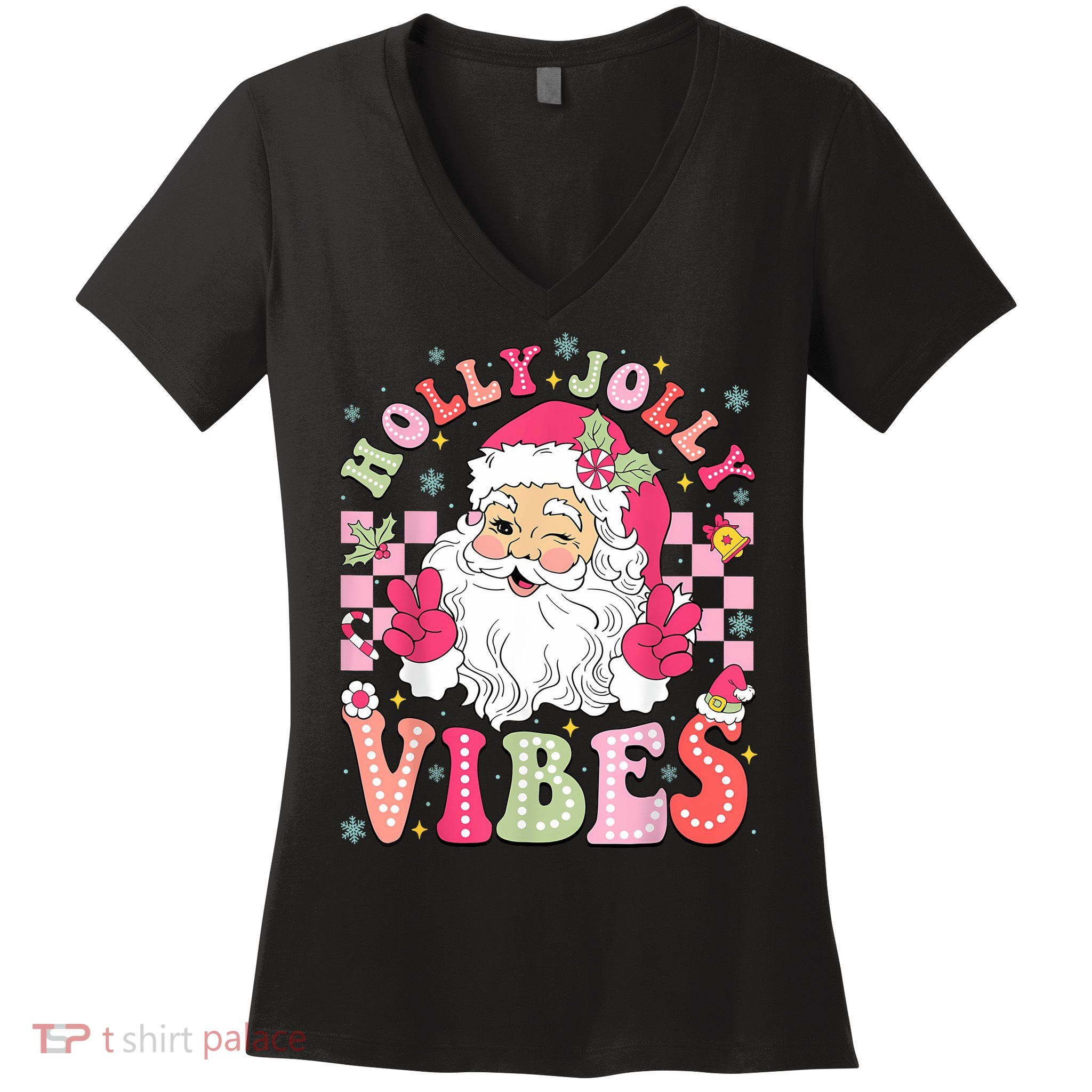 Groovy Cute Santa Claus Christmas Vibes Xmas Women Girl Women's V-Neck T-Shirt